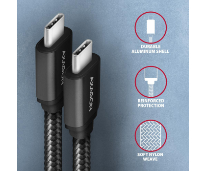 Kabel AXAGON BUCM3-CM20AB Kabel USB-C - USB-C 3.2 Gen 1, 2m, PD 60W, 3A, ALU, oplot, czarny